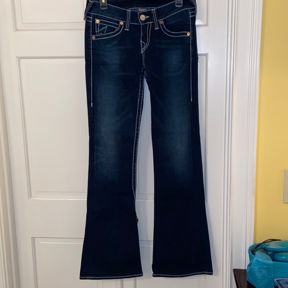 True Religion Bobby Big T Dark Wash Distressed Flare Jeans - Picture 1 of 11
